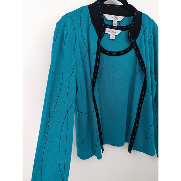 Ming Wang Sweater Set Women Medium Teal Green Two Piece cardigan Tank Top Mature - Picture 3 of 12